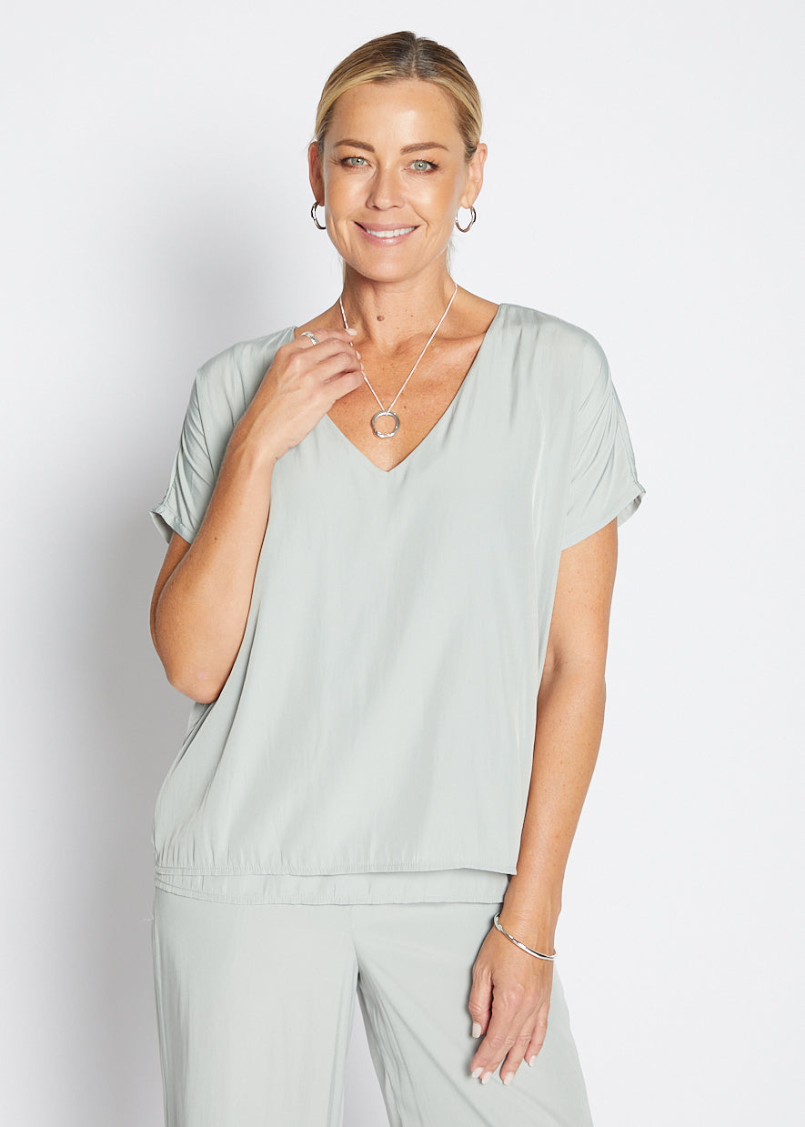 Philosophy Australia Dolly Lustre reversible layered top in sage, made in Australia