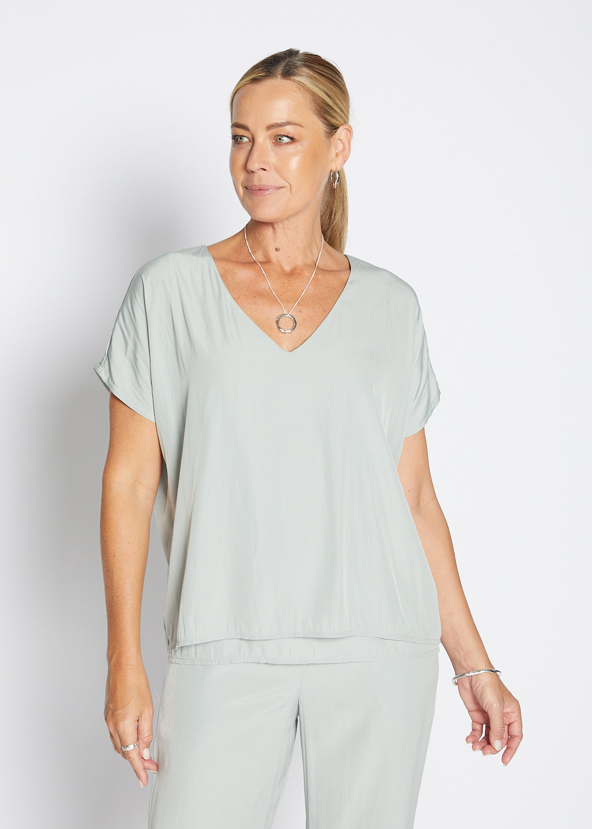 Philosophy Australia Dolly Lustre reversible layered top in sage, made in Australia