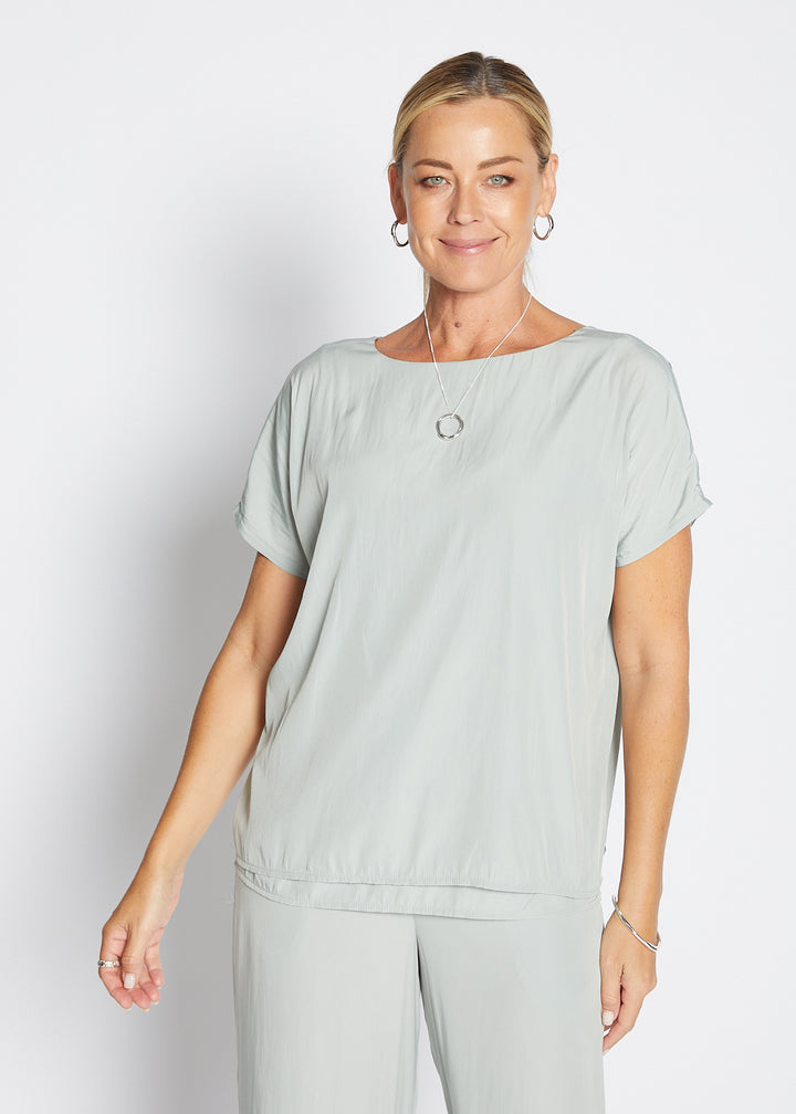 Philosophy Australia Dolly Lustre reversible layered top in sage, made in Australia