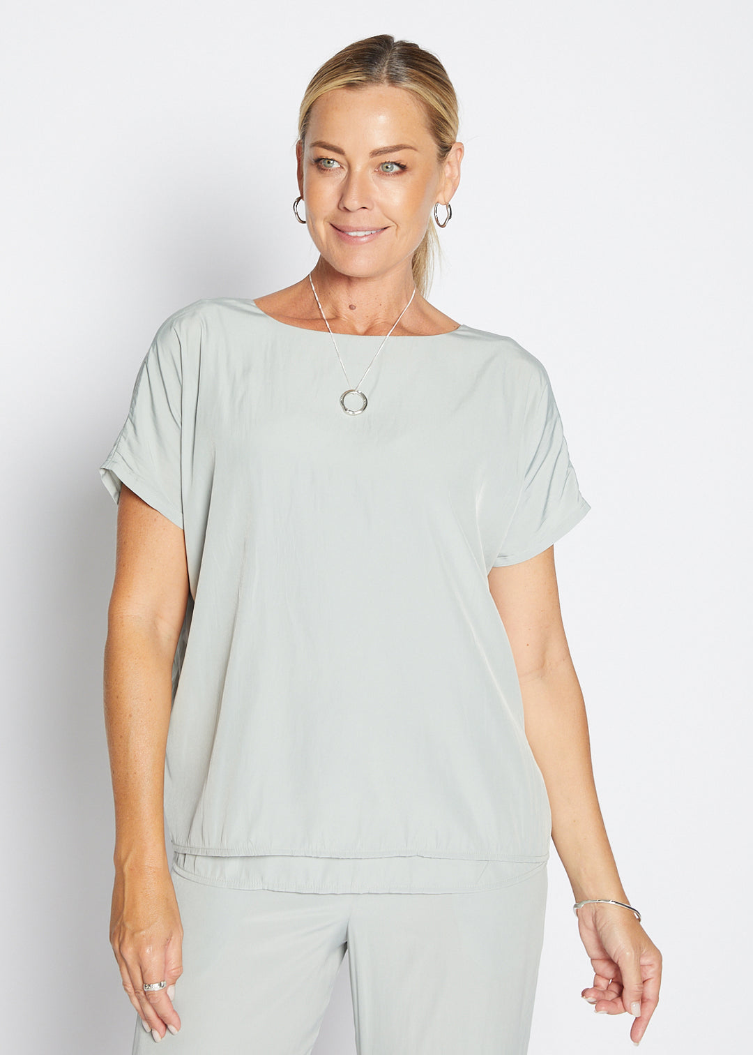 Philosophy Australia Dolly Lustre reversible layered top in sage, made in Australia