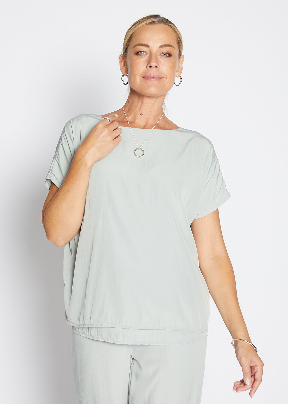Philosophy Australia Dolly Lustre reversible layered top in sage, made in Australia
