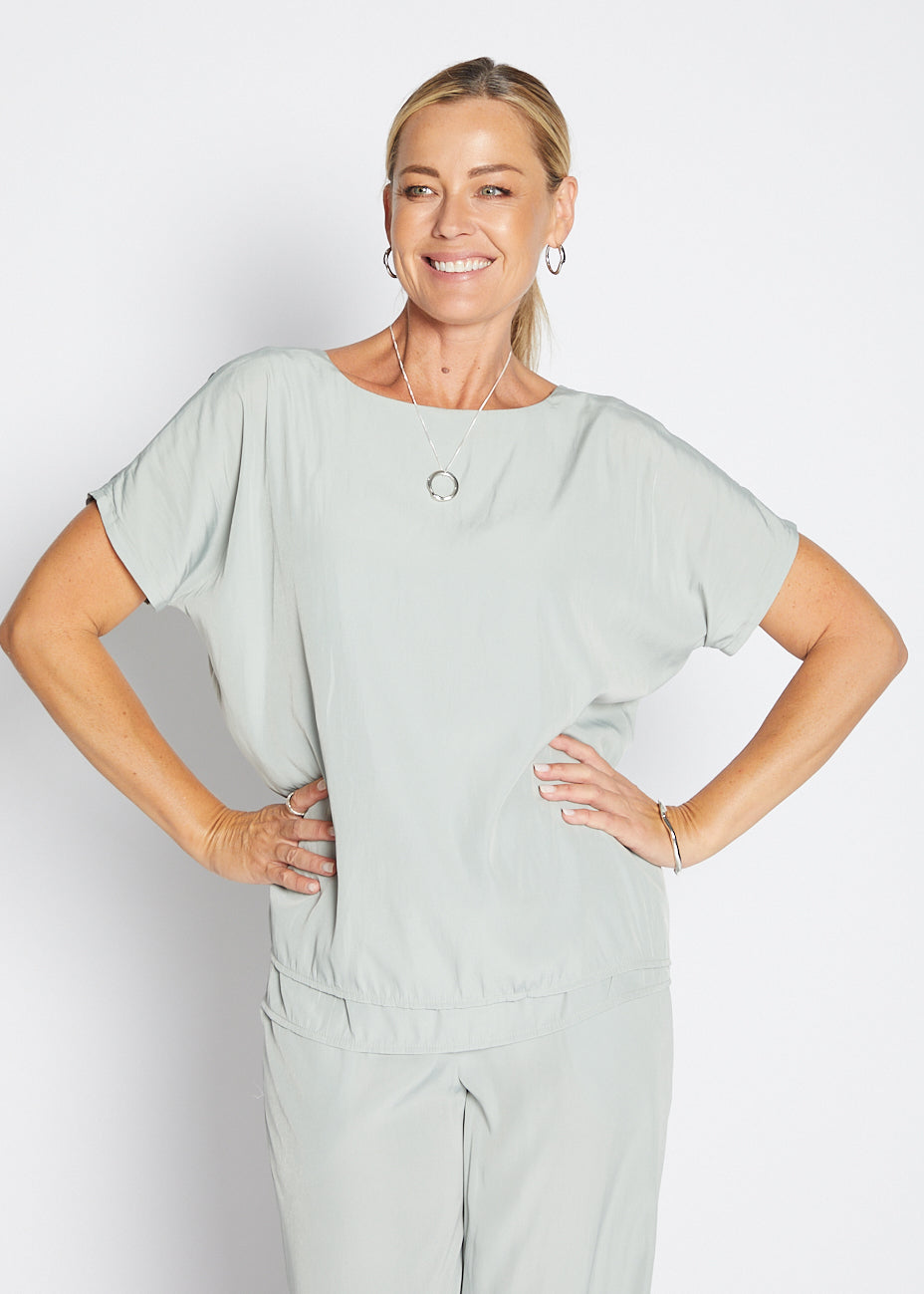 Philosophy Australia Dolly Lustre reversible layered top in sage, made in Australia