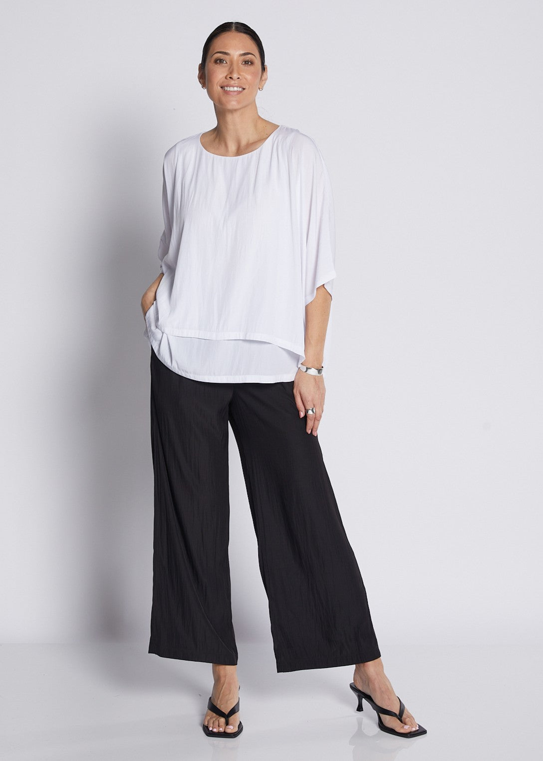 Silky Technical Layered Short Sleeve Top in White