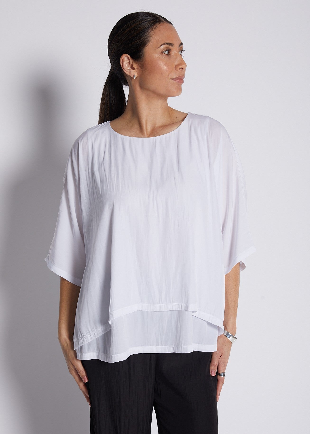 Silky Technical Layered Short Sleeve Top in White