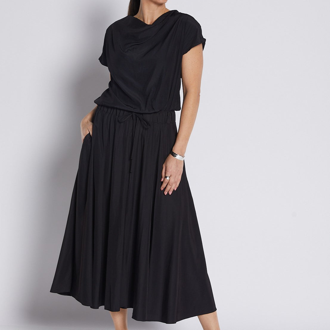 Silky Technical Full Circle Midi Skirt in Black