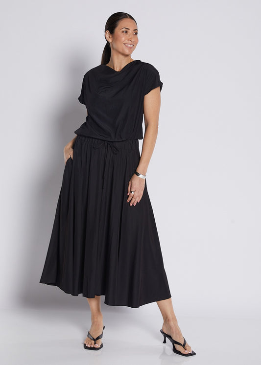 Silky Technical Full Circle Midi Skirt in Black