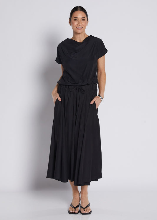 Silky Technical Full Circle Midi Skirt in Black