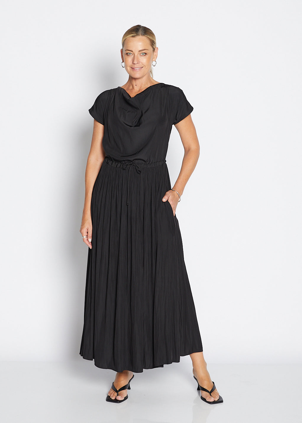 Philosophy Australia Revolver Lustre technical cowl maxi dress in black, sustainable slow fashion made in Australia
