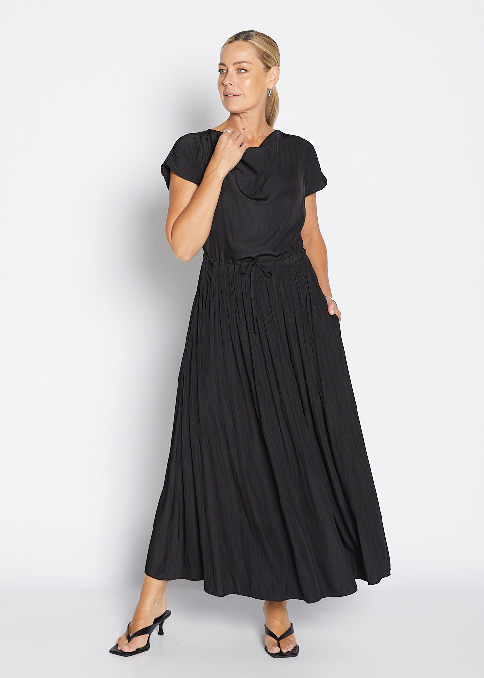 Philosophy Australia Revolver Lustre technical cowl maxi dress in black, sustainable slow fashion made in Australia
