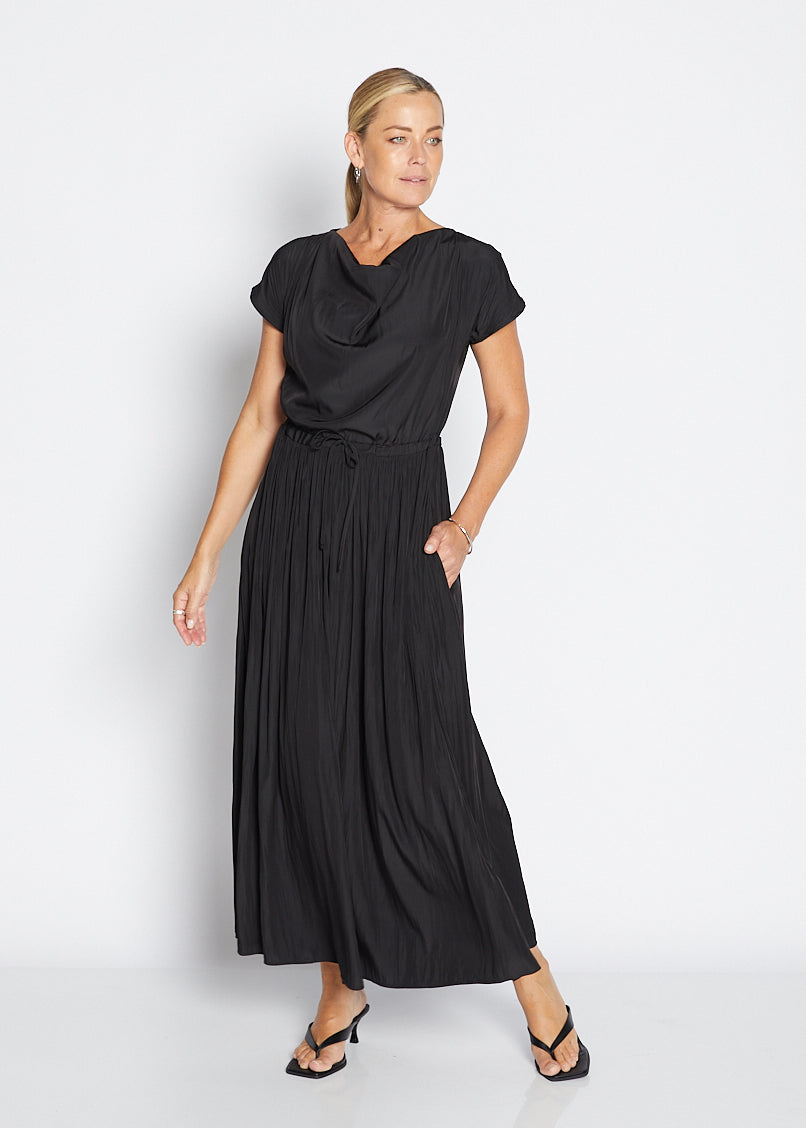 Philosophy Australia Revolver Lustre technical cowl maxi dress in black, sustainable slow fashion made in Australia