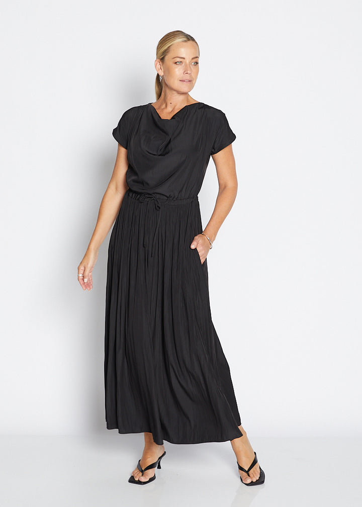 Philosophy Australia Revolver Lustre technical cowl maxi dress in black, sustainable slow fashion made in Australia