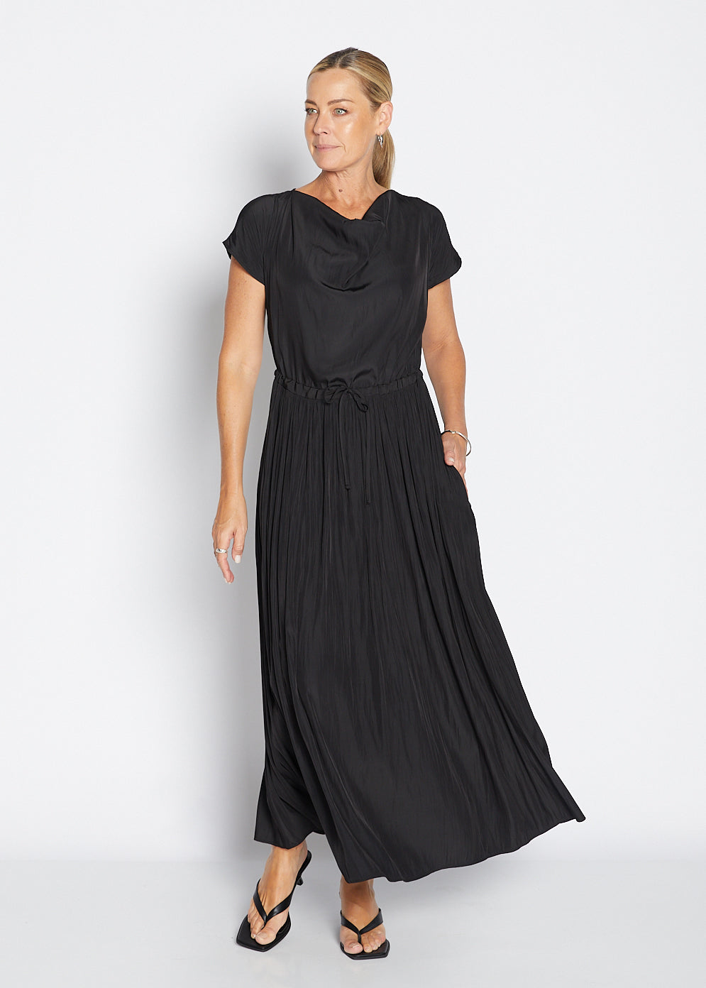 Philosophy Australia Revolver Lustre technical cowl maxi dress in black, sustainable slow fashion made in Australia