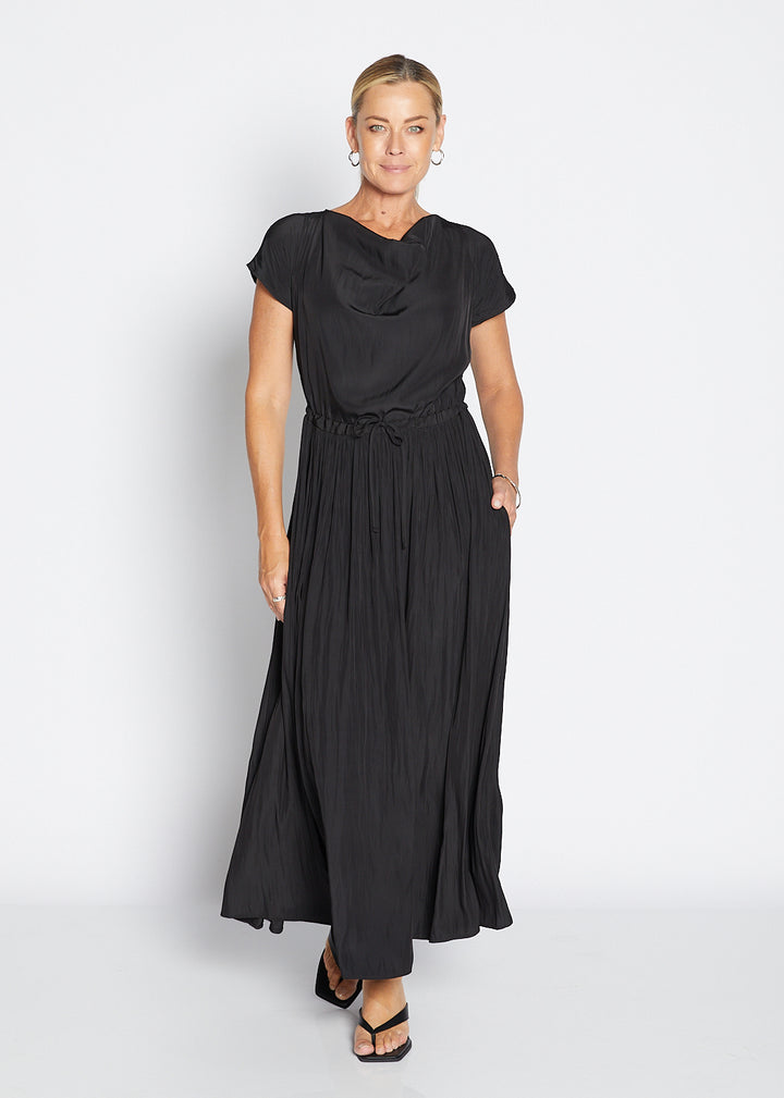 Philosophy Australia Revolver Lustre technical cowl maxi dress in black, sustainable slow fashion made in Australia