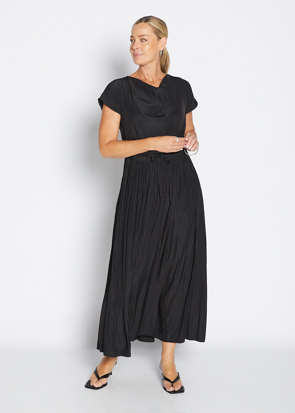 Philosophy Australia Revolver Lustre technical cowl maxi dress in black, sustainable slow fashion made in Australia