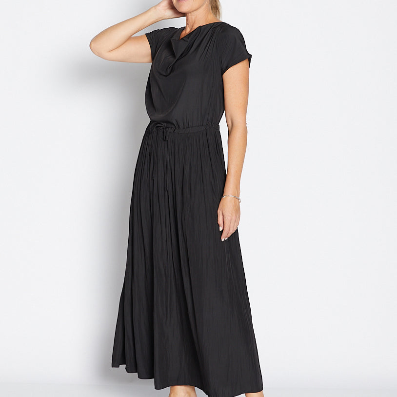 Philosophy Australia Revolver Lustre technical cowl maxi dress in black, sustainable slow fashion made in Australia