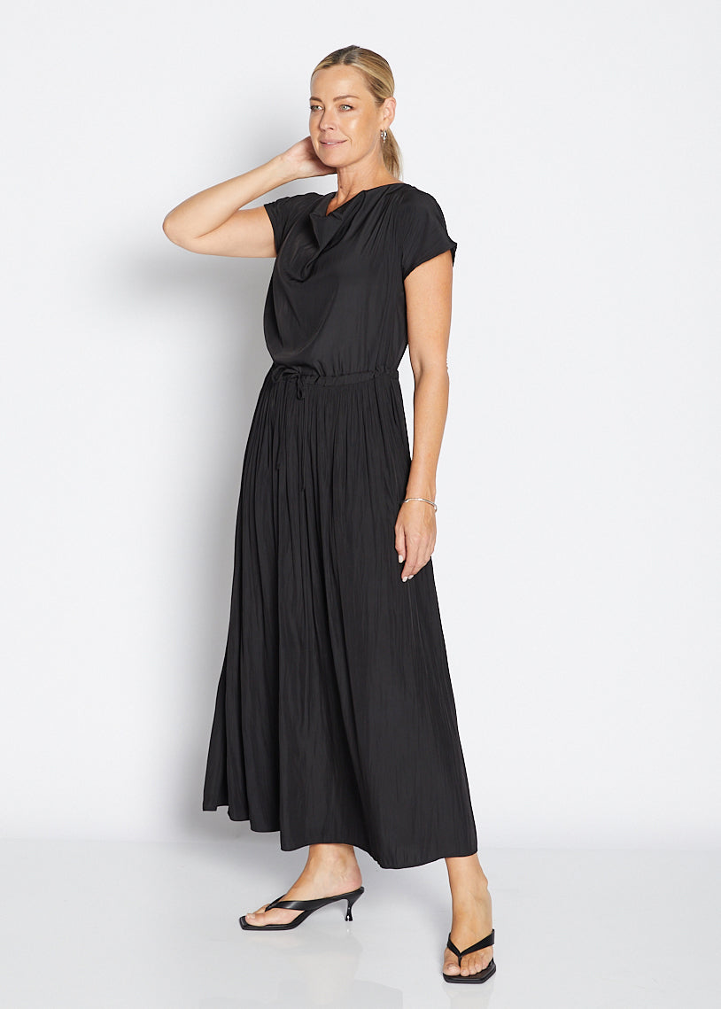 Philosophy Australia Revolver Lustre technical cowl maxi dress in black, sustainable slow fashion made in Australia