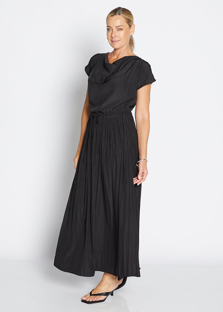 Philosophy Australia Revolver Lustre technical cowl maxi dress in black, sustainable slow fashion made in Australia