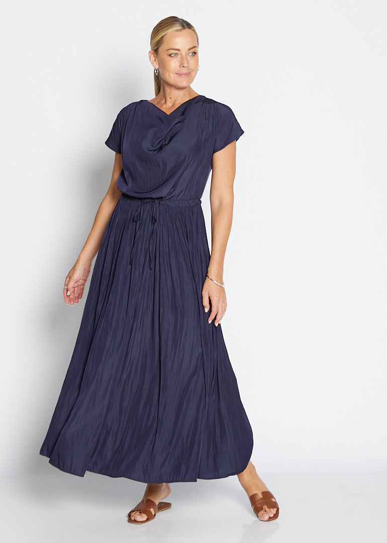 Philosophy Australia Revolver Lustre technical cowl maxi dress in navy, sustainable slow fashion made in Australia