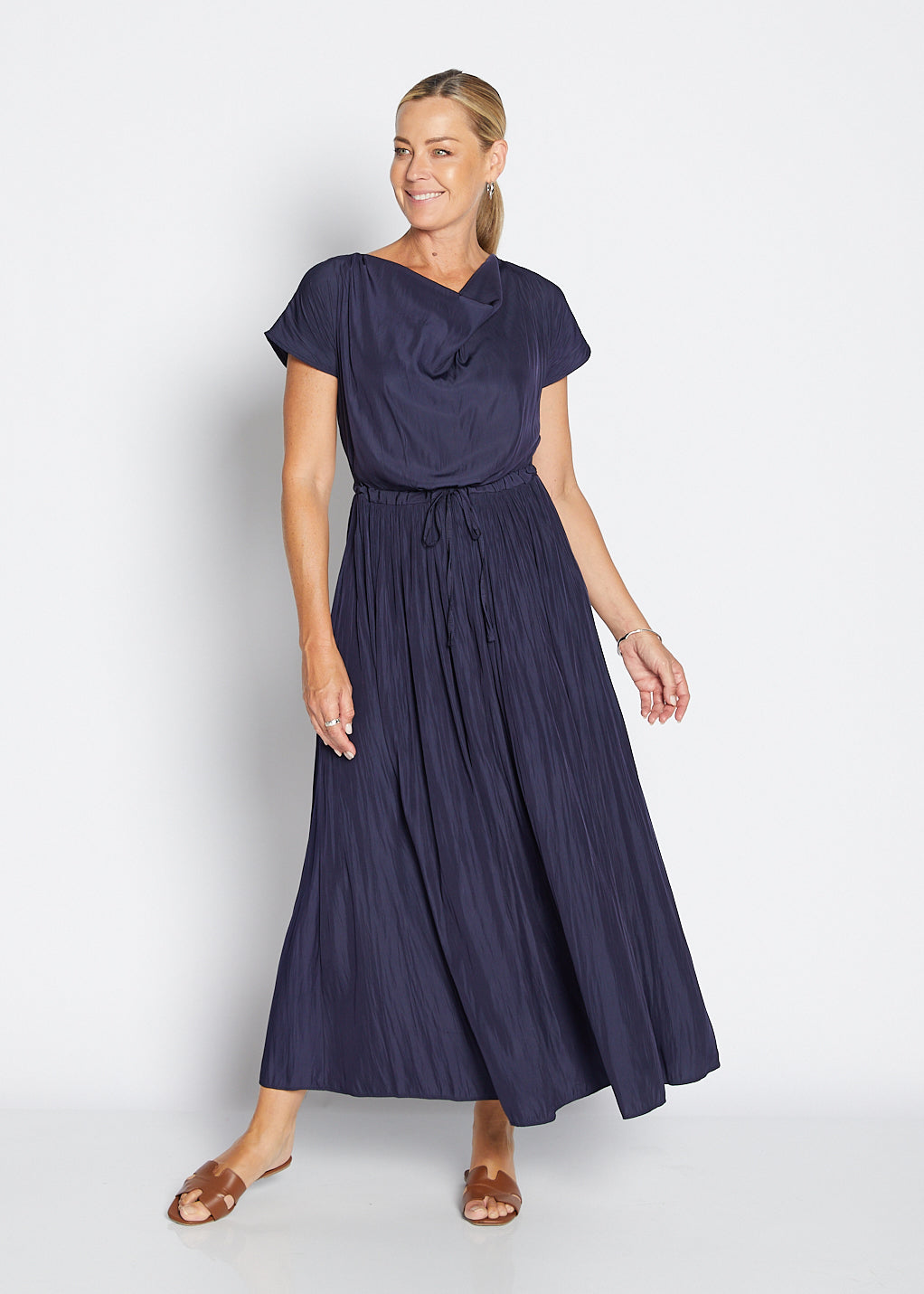 Philosophy Australia Revolver Lustre technical cowl maxi dress in navy, sustainable slow fashion made in Australia
