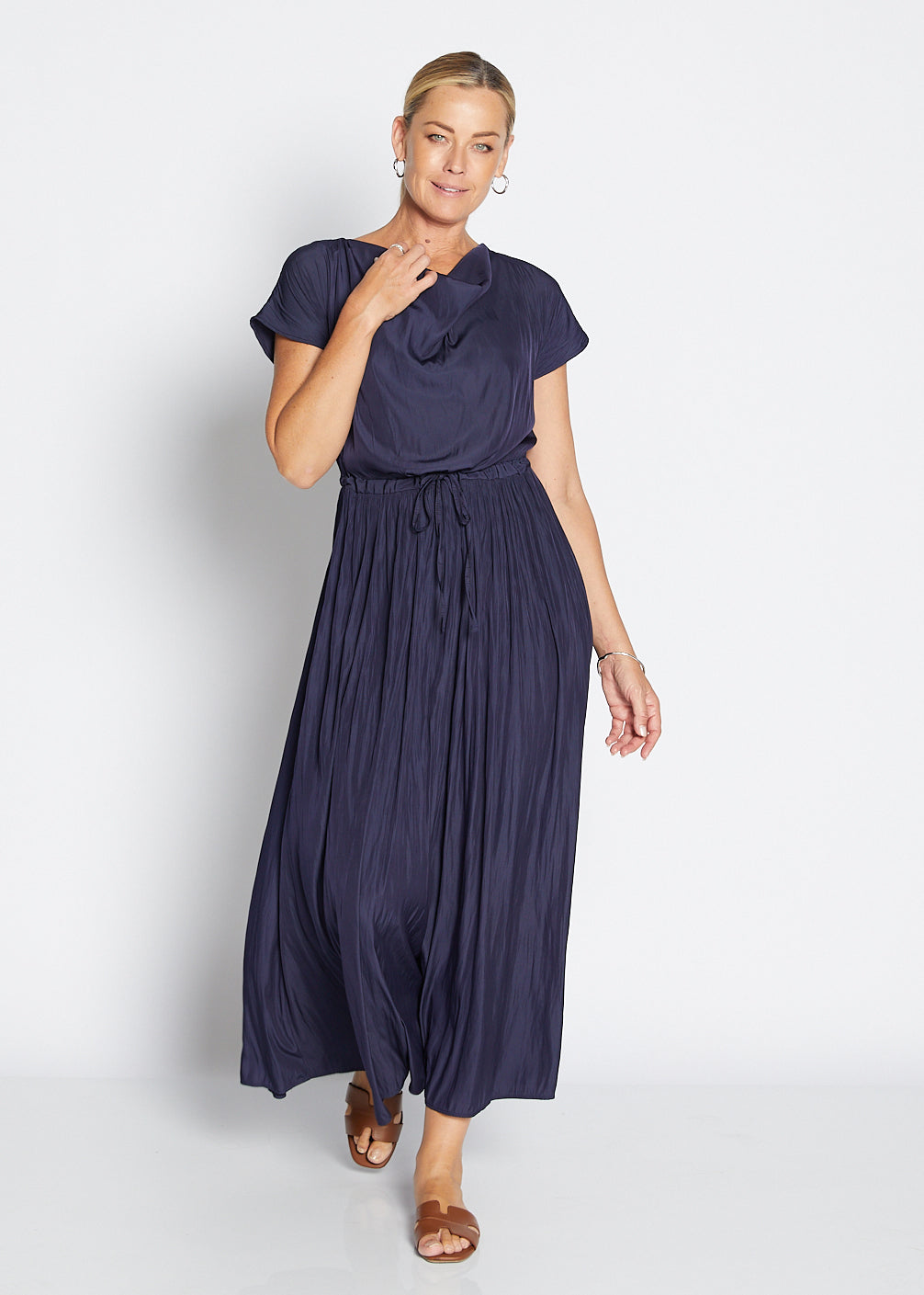 Philosophy Australia Revolver Lustre technical cowl maxi dress in navy, sustainable slow fashion made in Australia