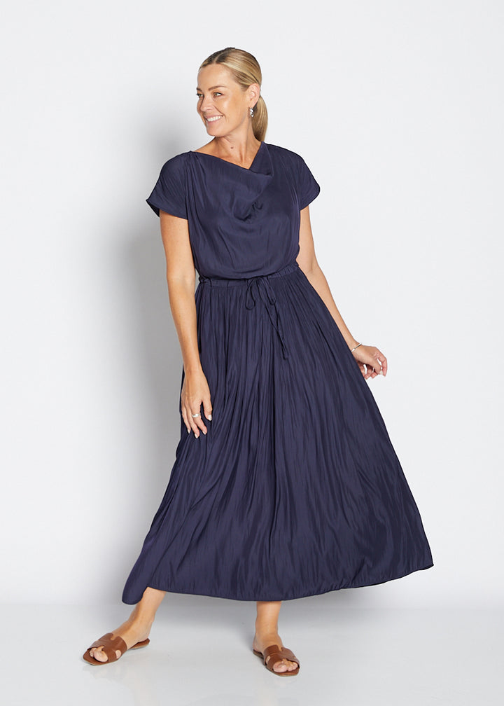 Philosophy Australia Revolver Lustre technical cowl maxi dress in navy, sustainable slow fashion made in Australia