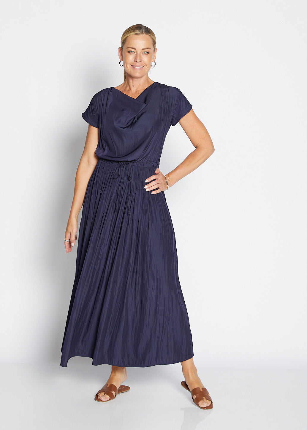 Philosophy Australia Revolver Lustre technical cowl maxi dress in navy, sustainable slow fashion made in Australia