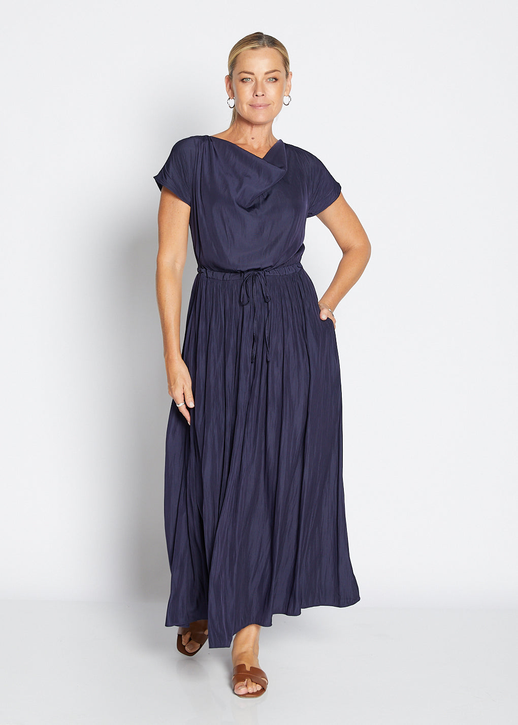 Philosophy Australia Revolver Lustre technical cowl maxi dress in navy, sustainable slow fashion made in Australia