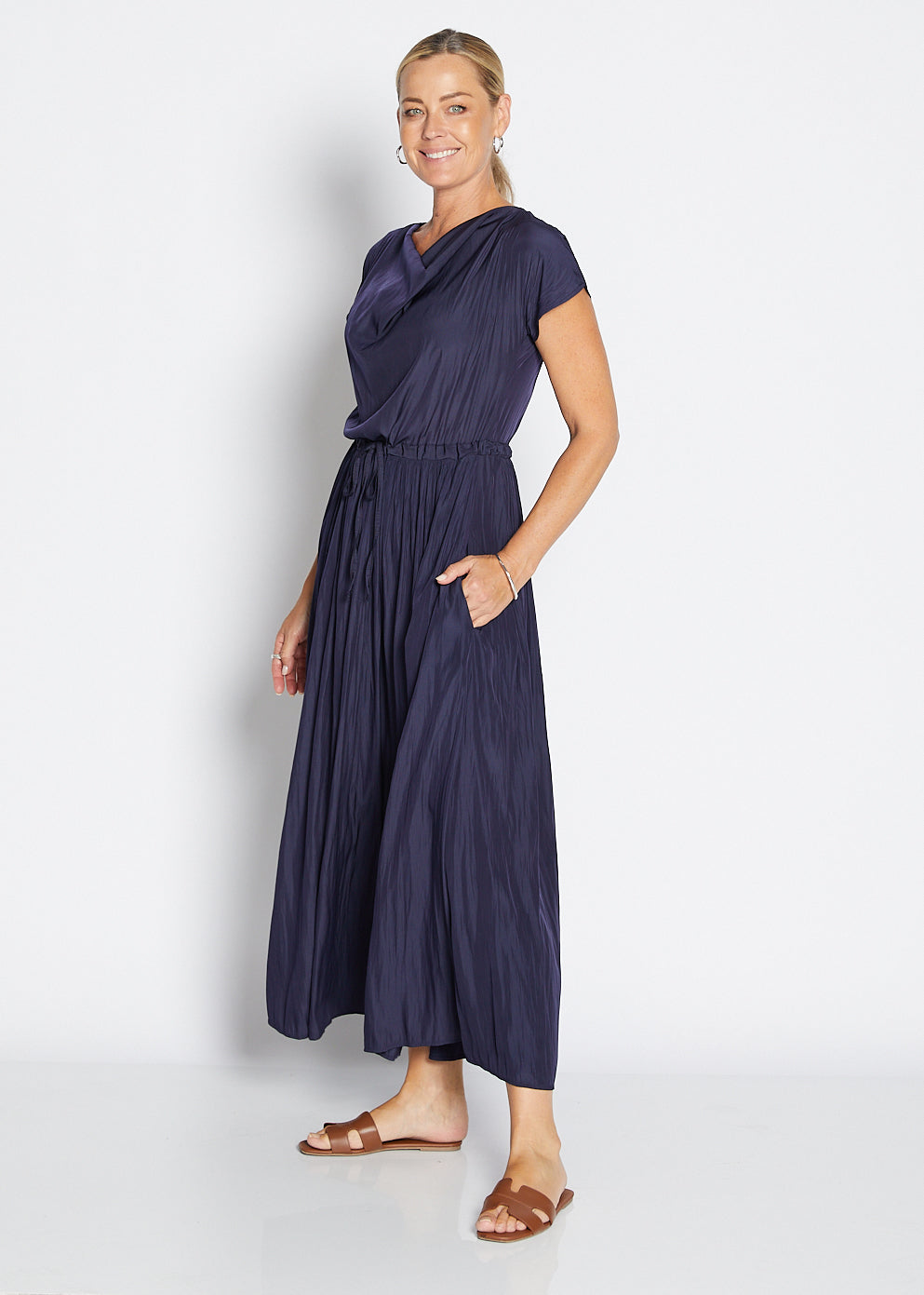 Philosophy Australia Revolver Lustre technical cowl maxi dress in navy, sustainable slow fashion made in Australia
