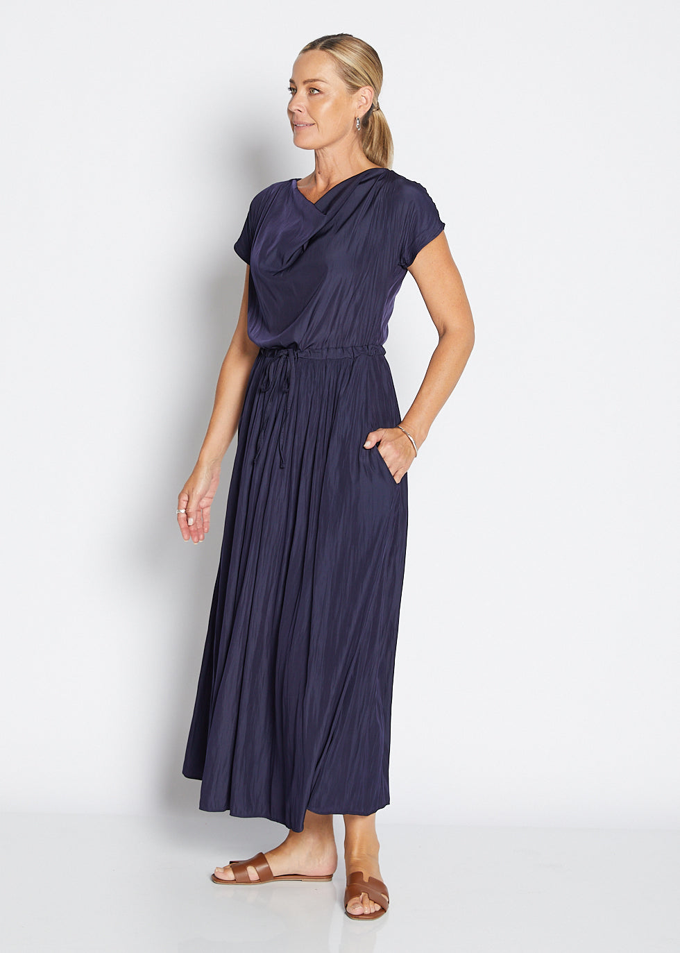 Philosophy Australia Revolver Lustre technical cowl maxi dress in navy, sustainable slow fashion made in Australia