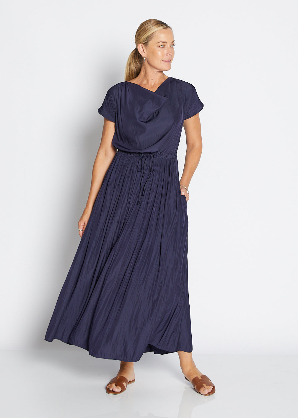 Philosophy Australia Revolver Lustre technical cowl maxi dress in navy, sustainable slow fashion made in Australia