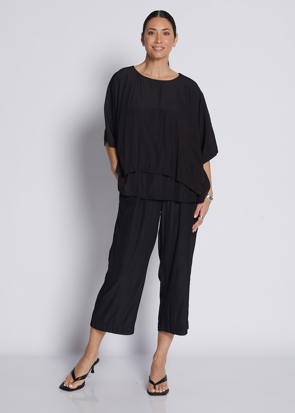 Silky Technical Cropped Drawstring Pant in Black