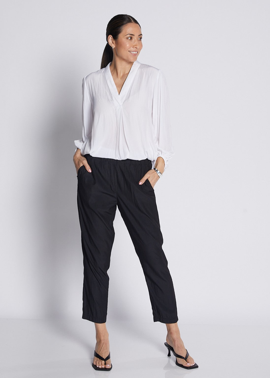 Silky technical V neck billow sleeve blouse in white