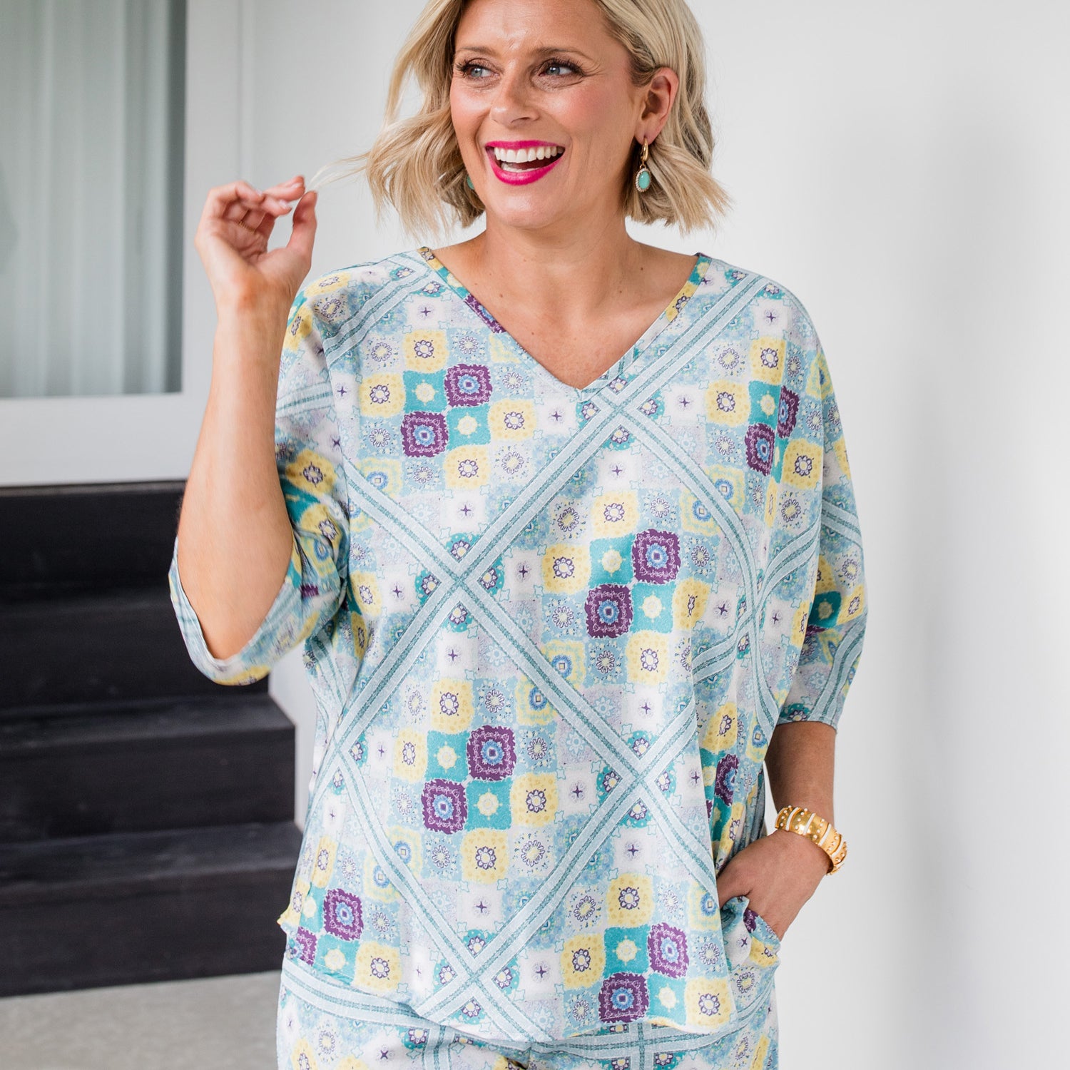 Lila Satin Reversible Wear Top in Lemoncello Print Philosophy Australia