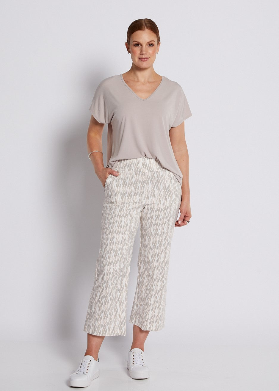 Bengaline Stretch Culotte with Pockets in Neutral Beige and White Print