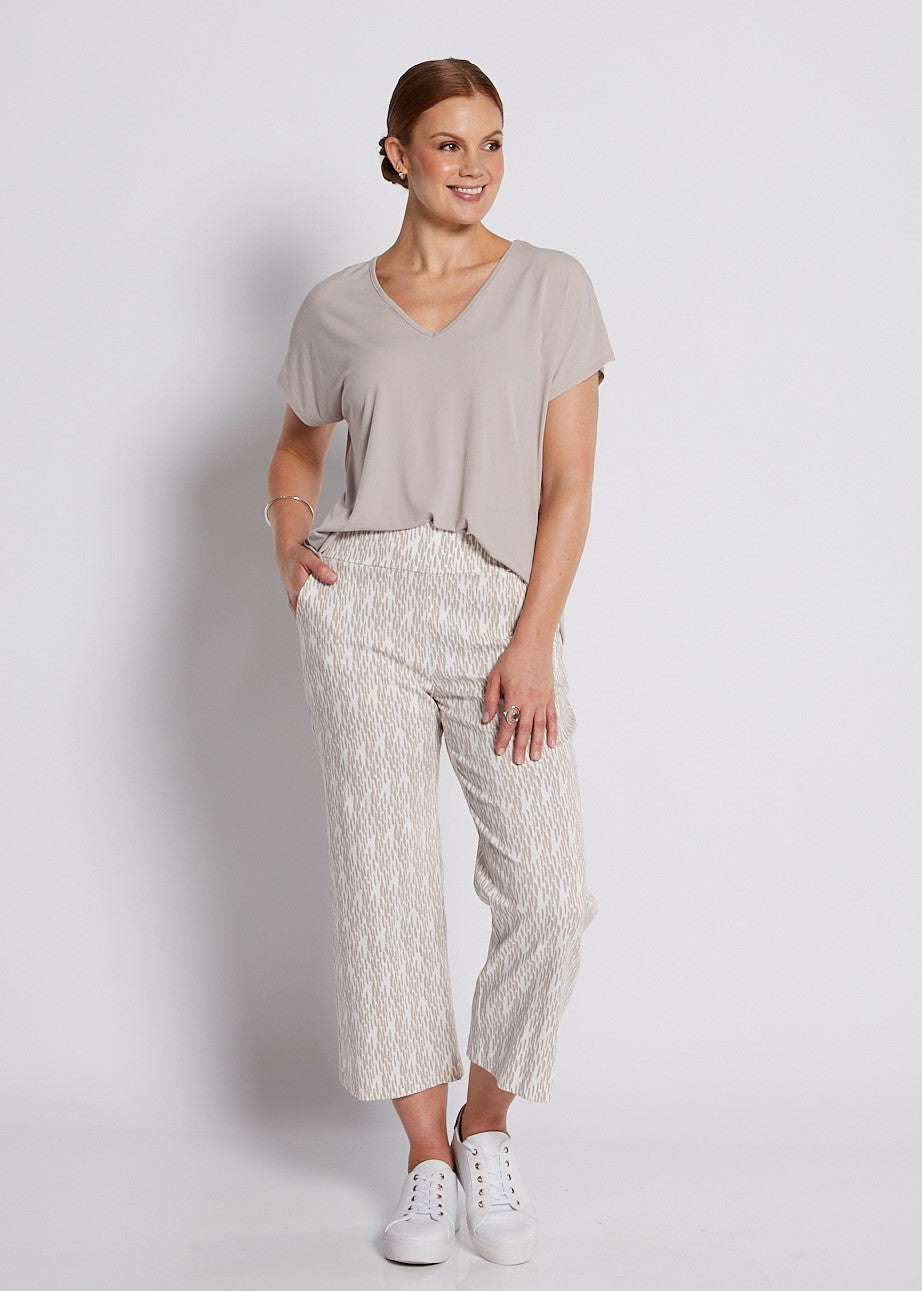 Bengaline Stretch Culotte with Pockets in Neutral Beige and White Print