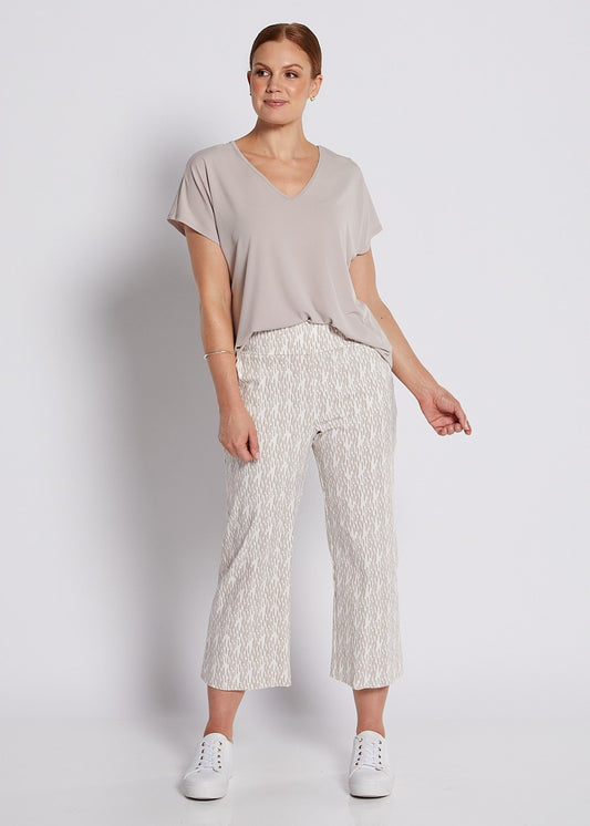 Bengaline Stretch Culotte with Pockets in Neutral Beige and White Print