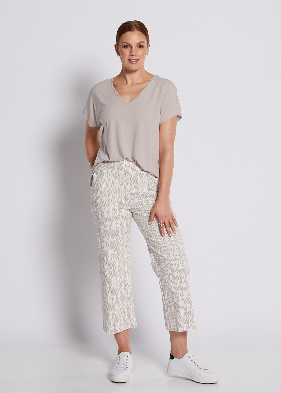Bengaline Stretch Culotte with Pockets in Neutral Beige and White Print