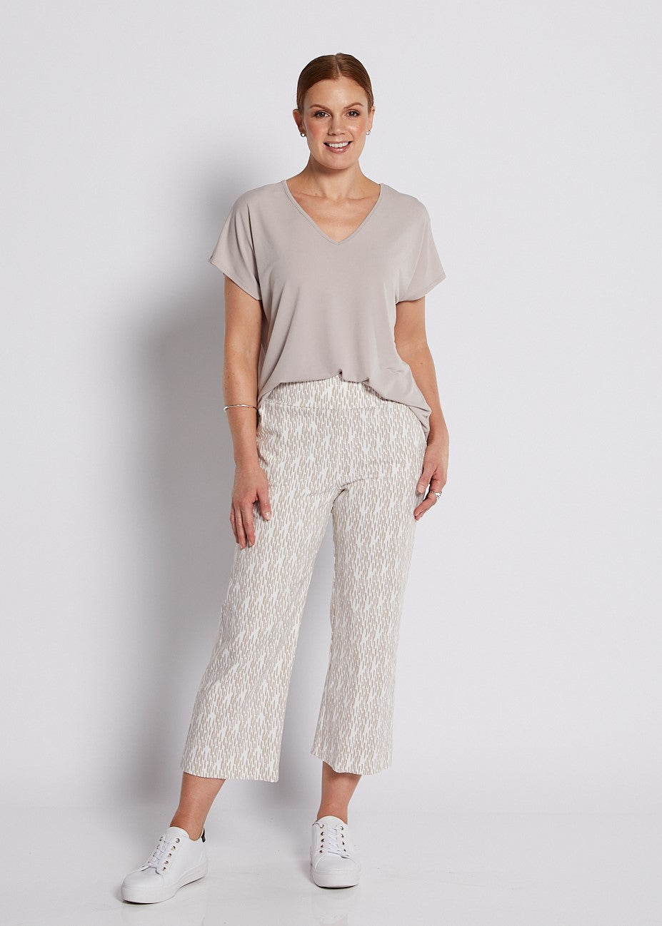 Bengaline Stretch Culotte with Pockets in Neutral Beige and White Print