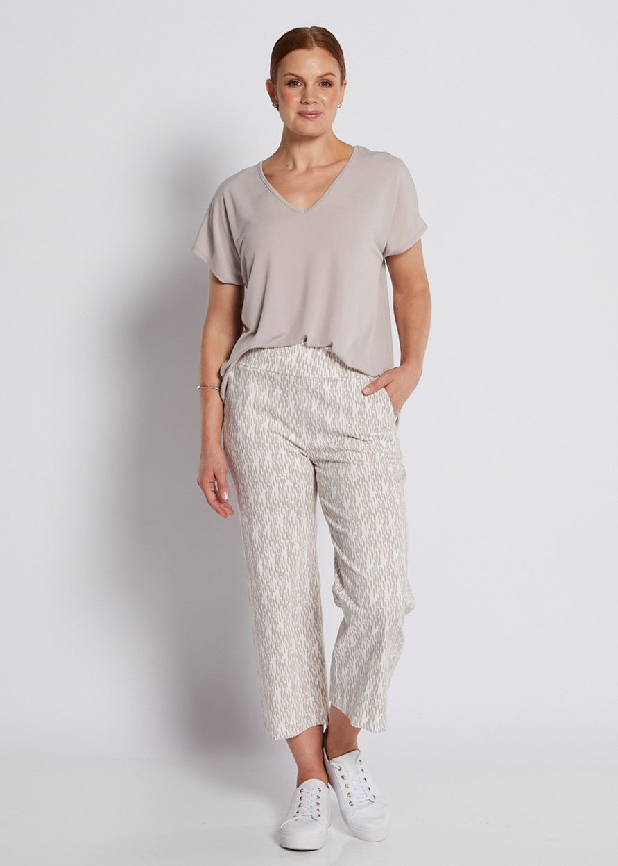 Bengaline Stretch Culotte with Pockets in Neutral Beige and White Print