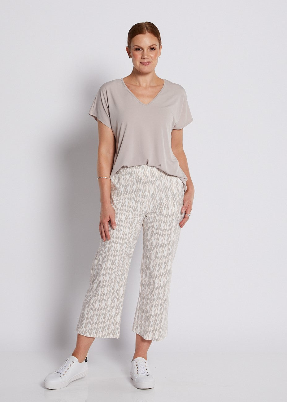 Bengaline Stretch Culotte with Pockets in Neutral Beige and White Print