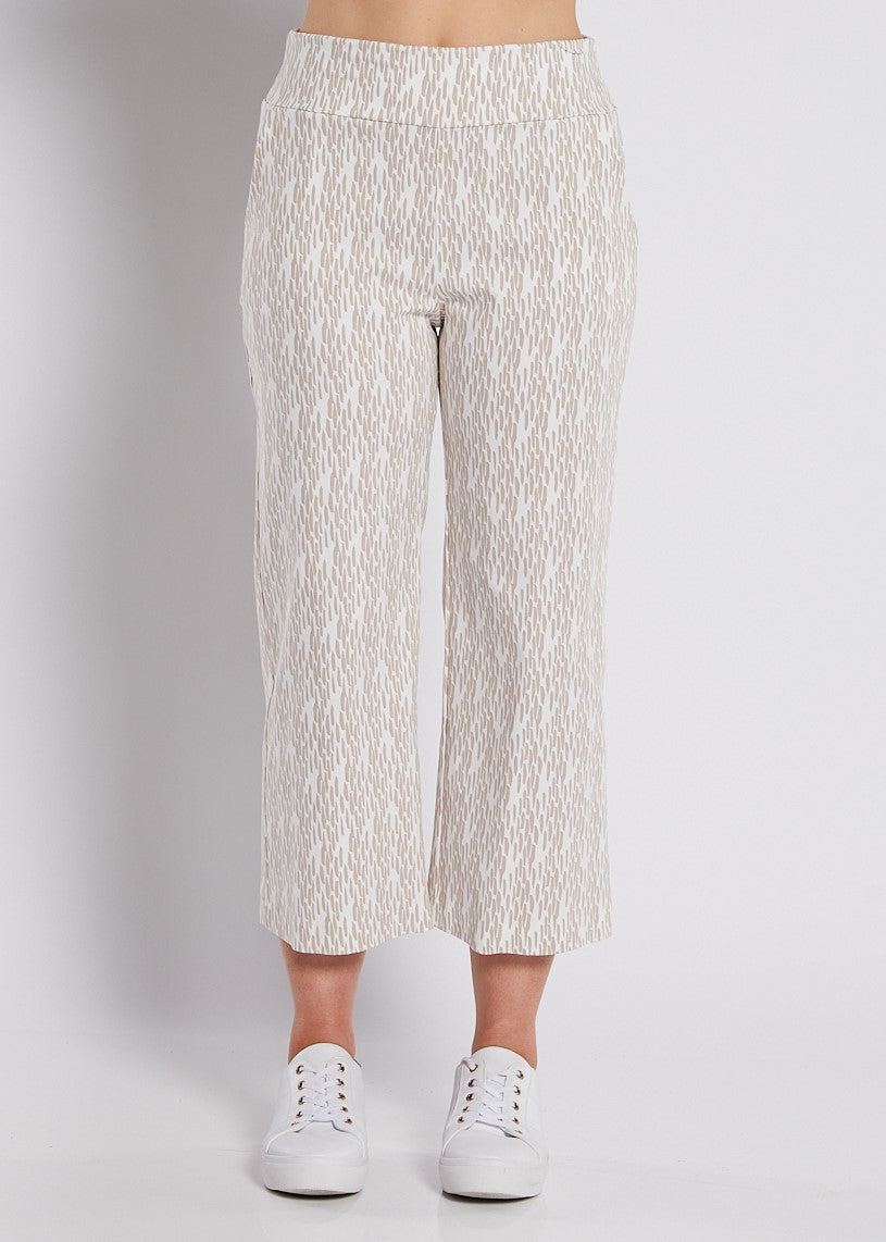 Bengaline Stretch Culotte with Pockets in Neutral Beige and White Print
