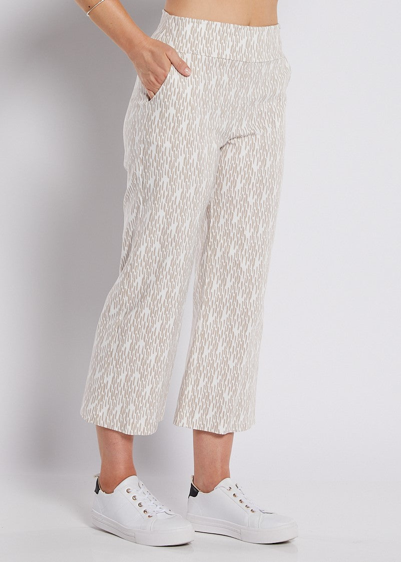 Bengaline Stretch Culotte with Pockets in Neutral Beige and White Print