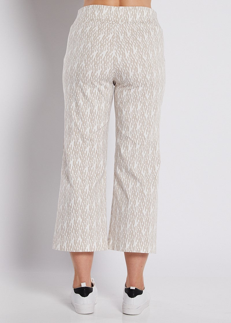 Bengaline Stretch Culotte with Pockets in Neutral Beige and White Print