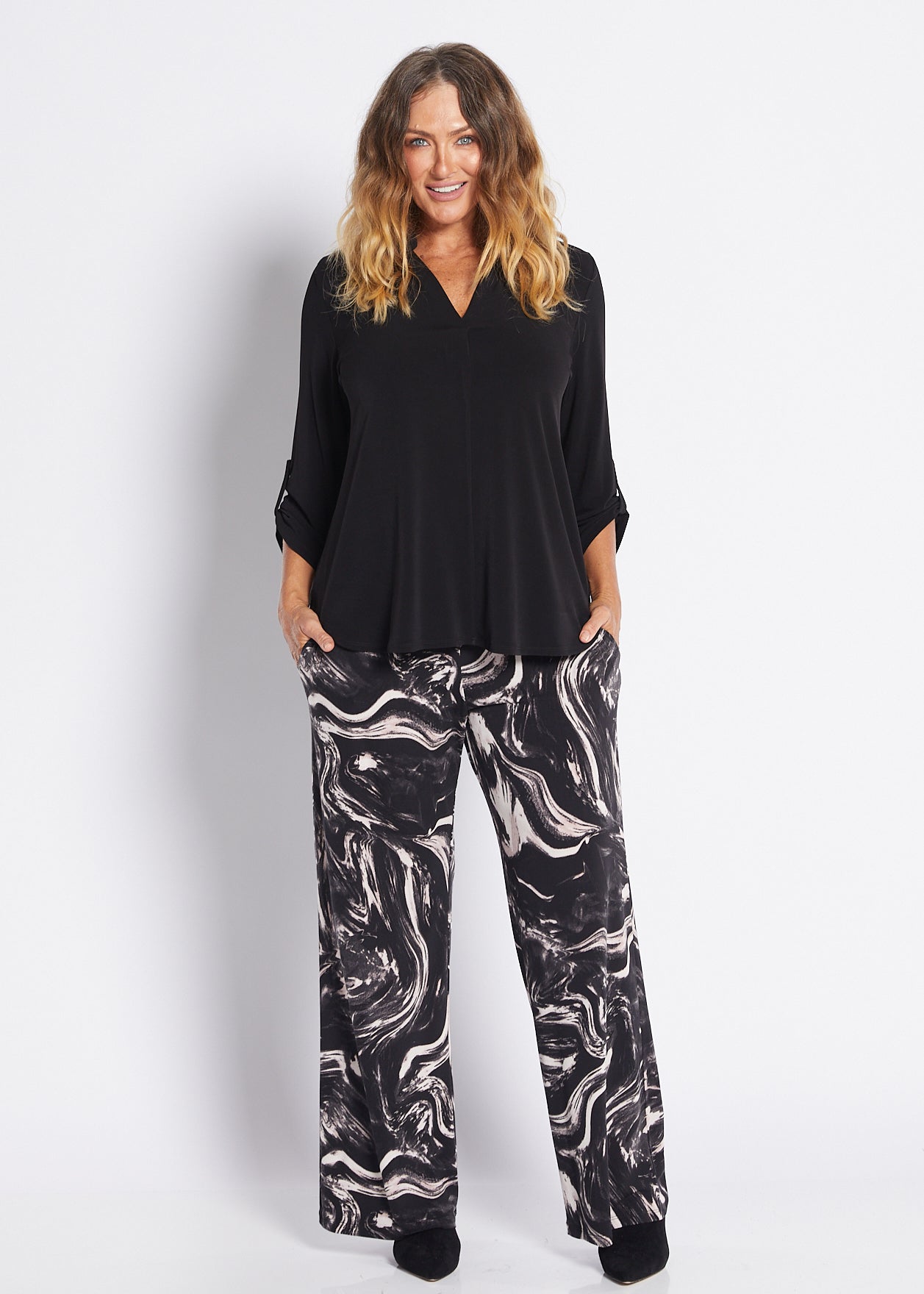 Brushed Jersey Relaxed Wide Leg Pant with Pockets in Black White Pink print