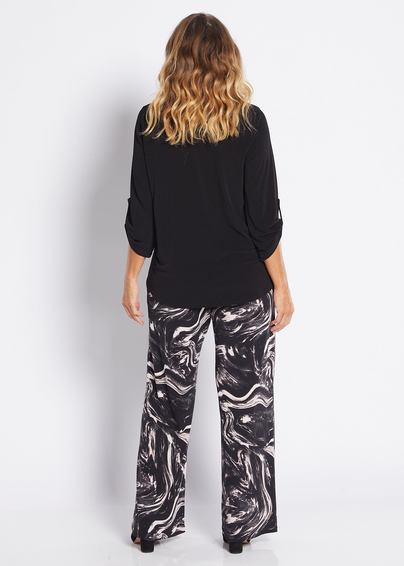 Brushed Jersey Relaxed Wide Leg Pant with Pockets in Black White Pink print