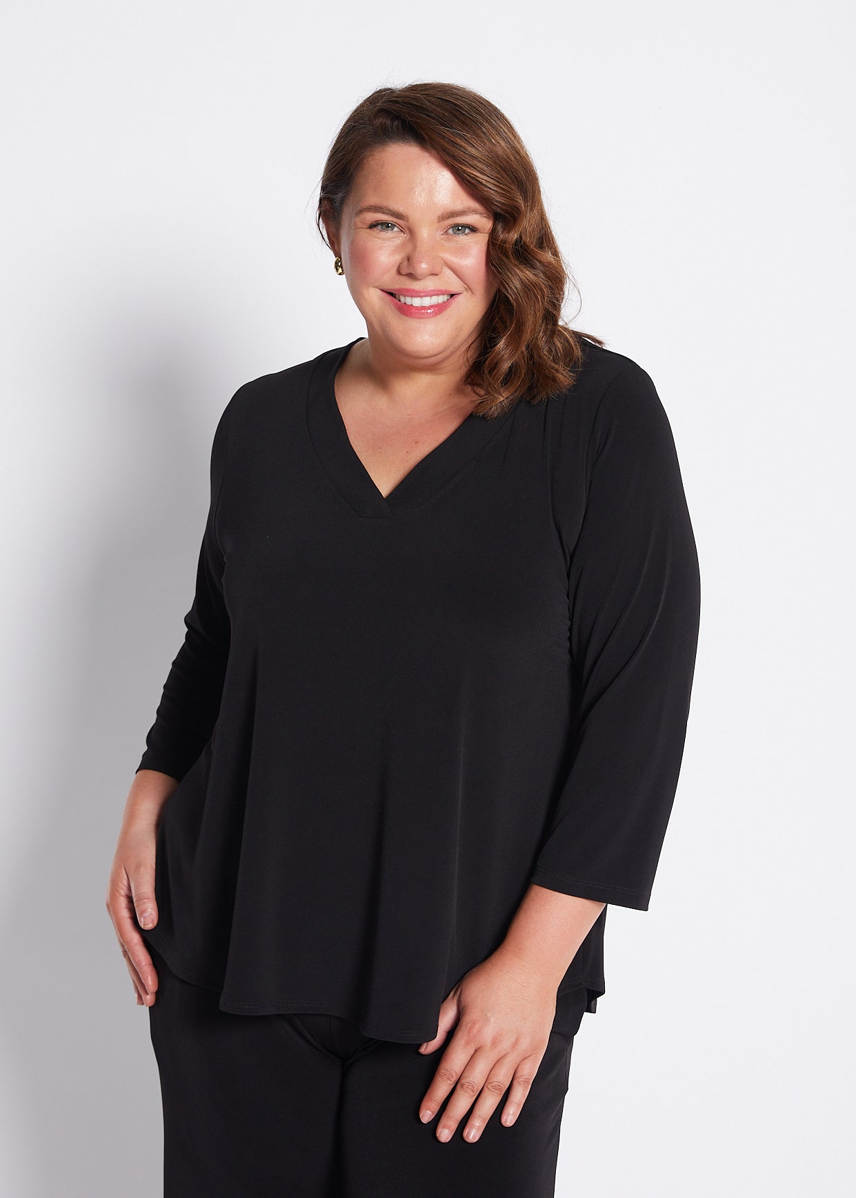 Jersey V Neck Swing Top in Black