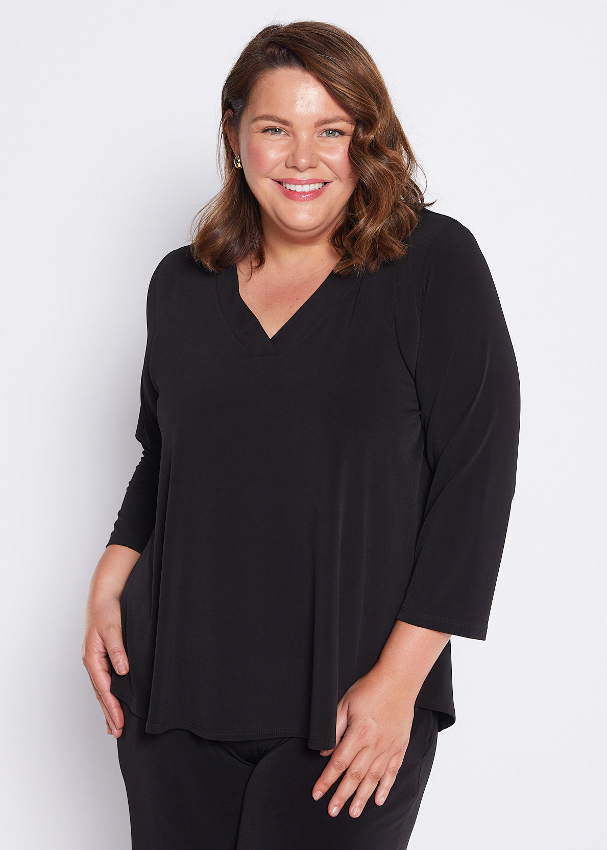 Jersey V Neck Swing Top in Black