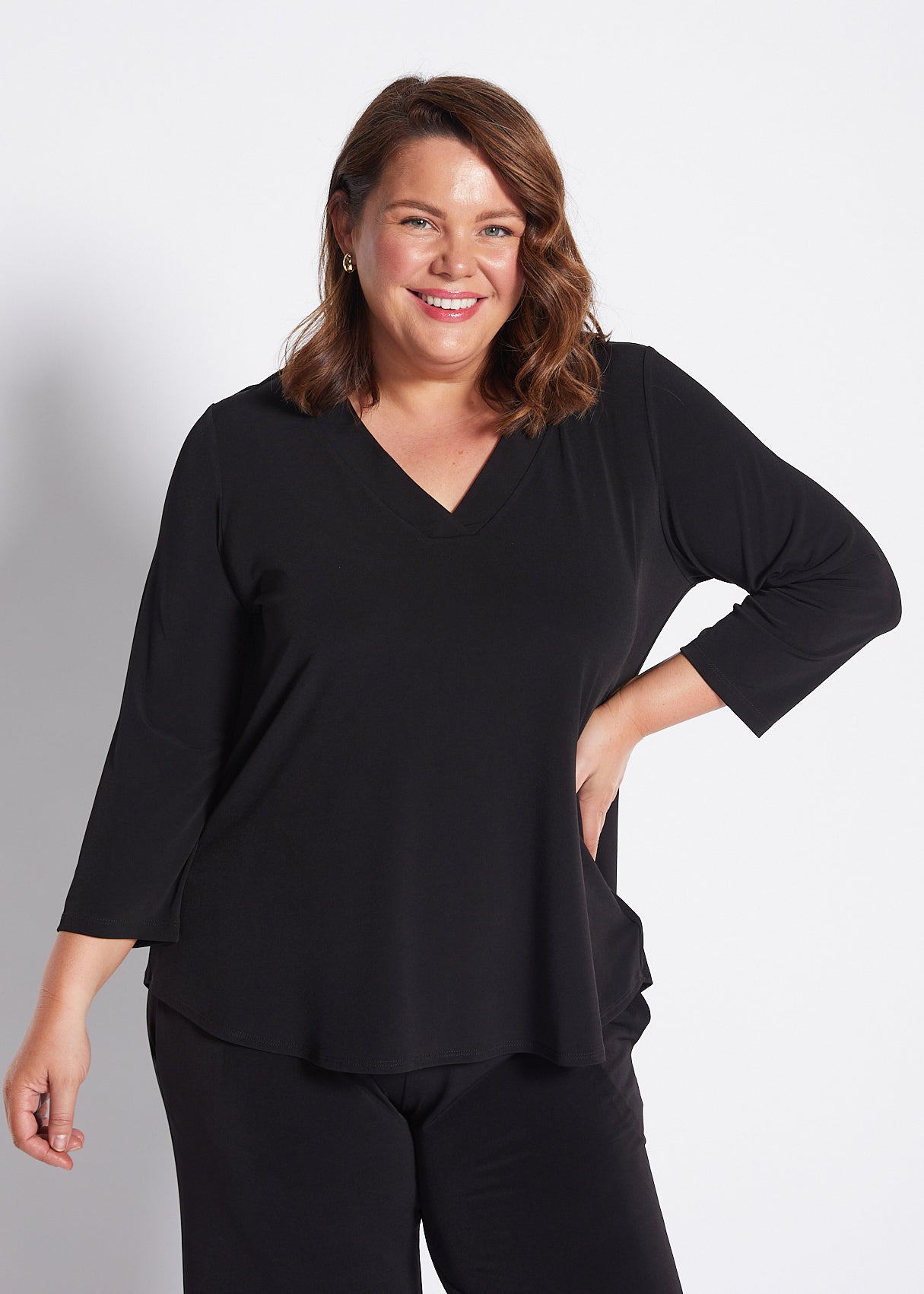 Jersey V Neck Swing Top in Black