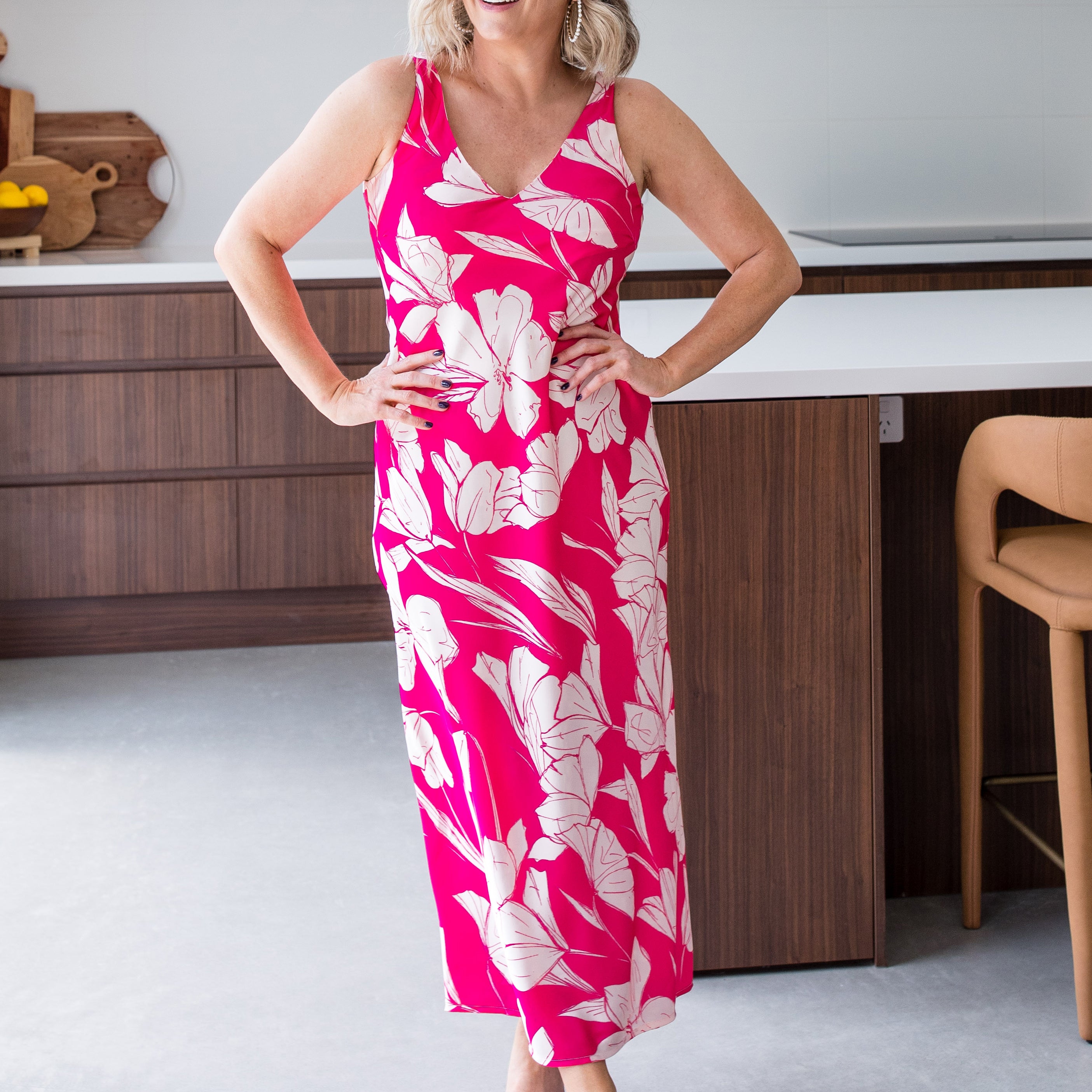 Maeve bias strappy satin dress in Pink print