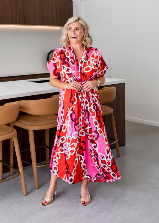 Micha satin dress in Pink Link print